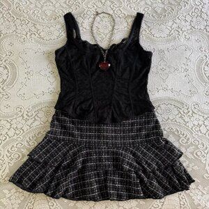 y2k preppy girly grunge black, gray and pink plaid ruffle mini skirt